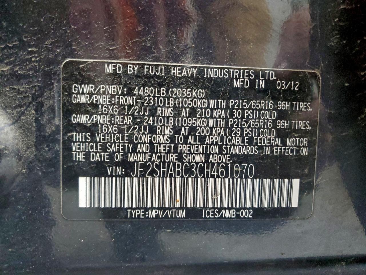 2012 Subaru Forester 2.5X VIN: JF2SHABC3CH461070 Lot: 95018045