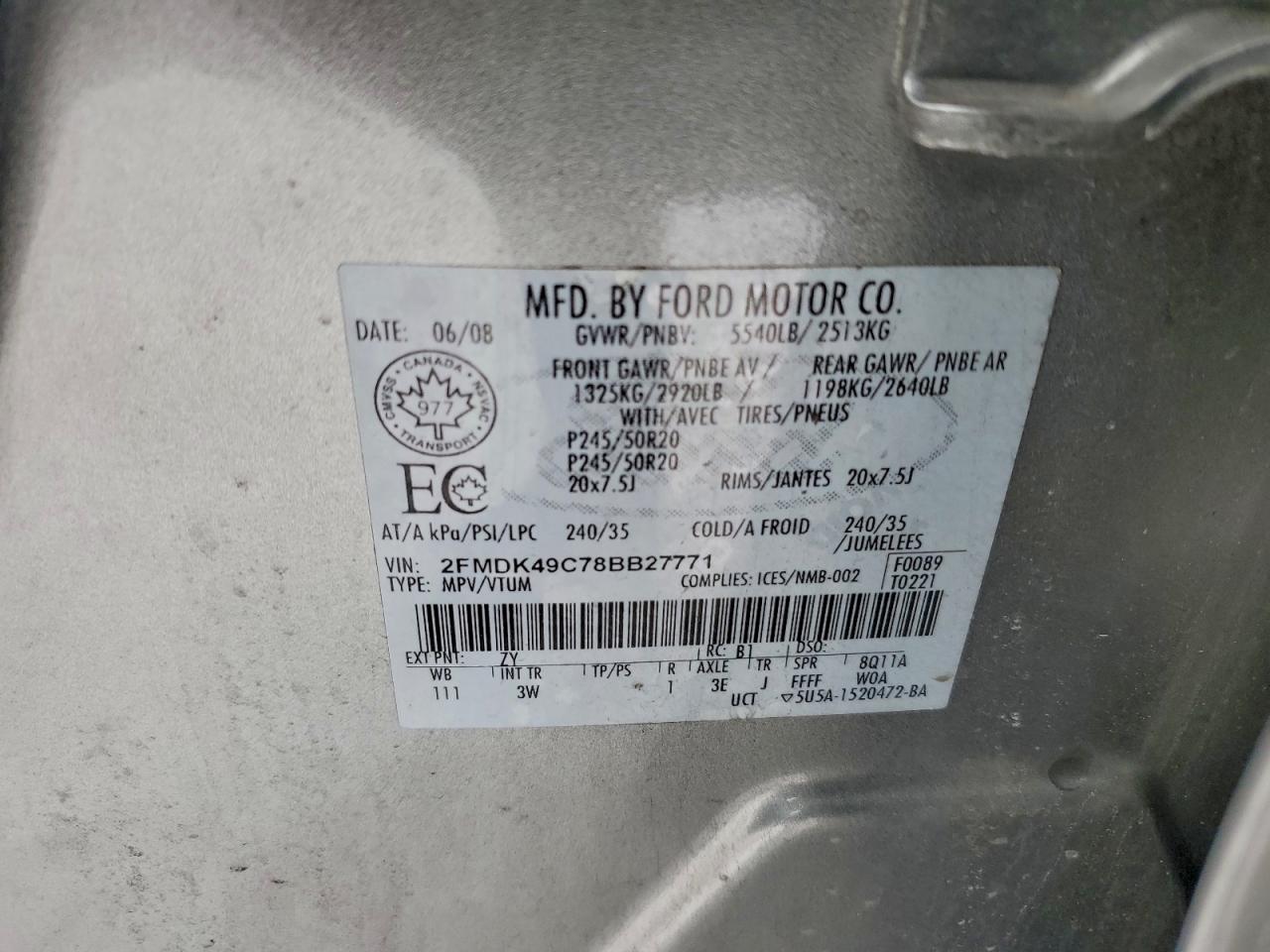 2008 Ford Edge Limited VIN: 2FMDK49C78BB27771 Lot: 95069005