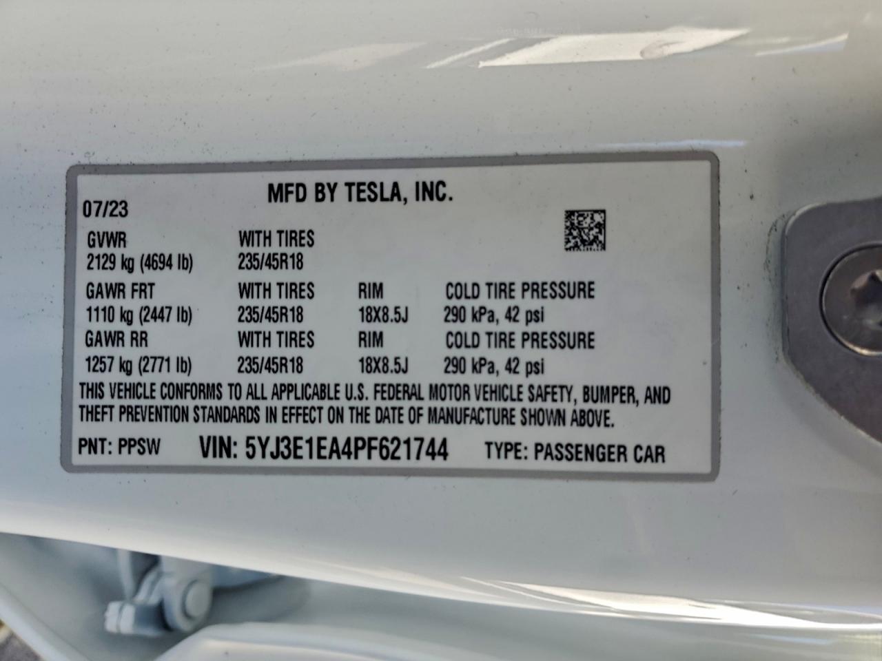 2023 Tesla Model 3 VIN: 5YJ3E1EA4PF621744 Lot: 94412495