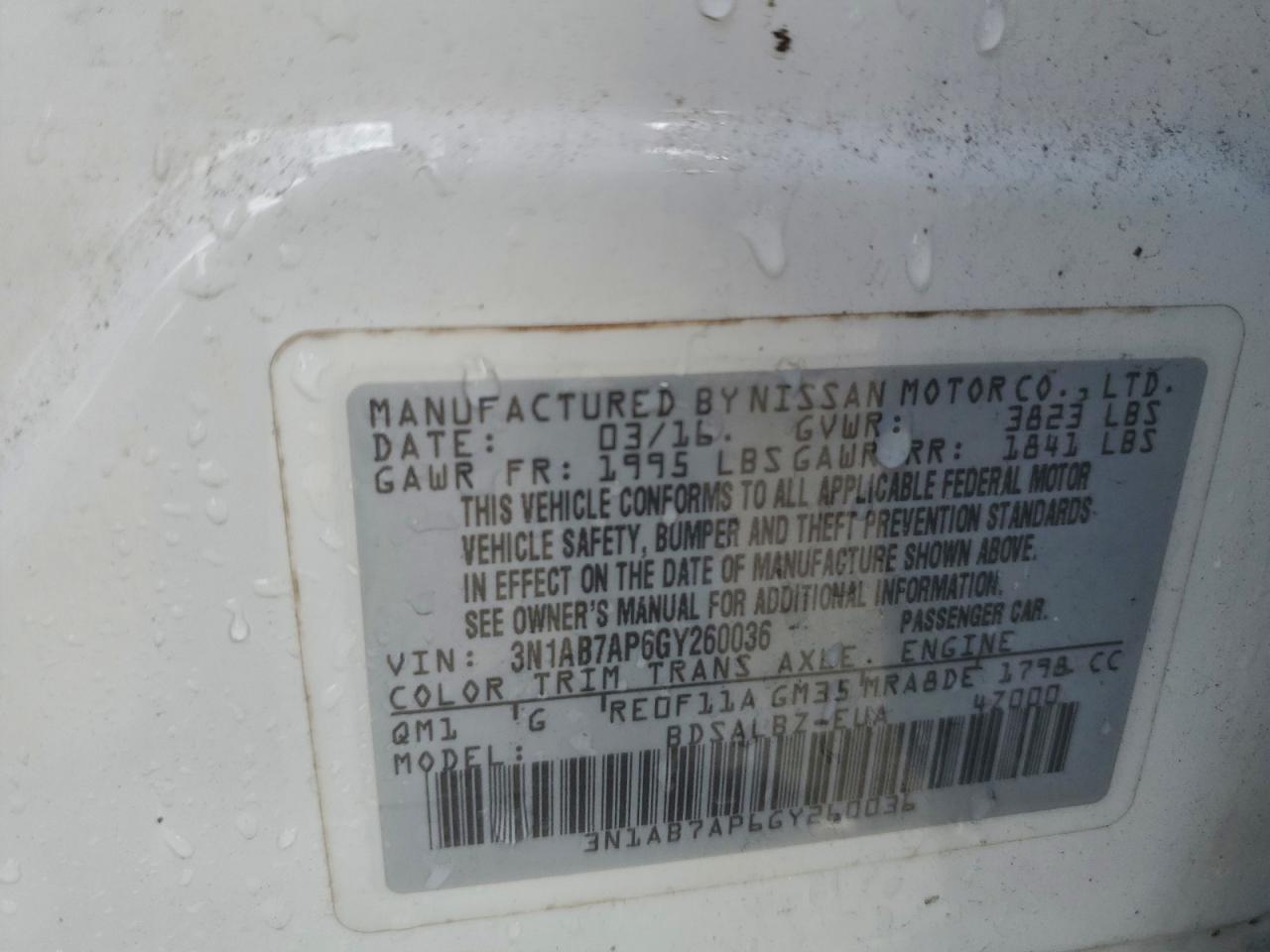 2016 Nissan Sentra S VIN: 3N1AB7AP6GY260036 Lot: 94768695