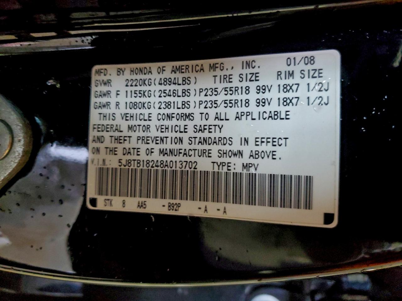 2008 Acura Rdx VIN: 5J8TB18248A013702 Lot: 94734475