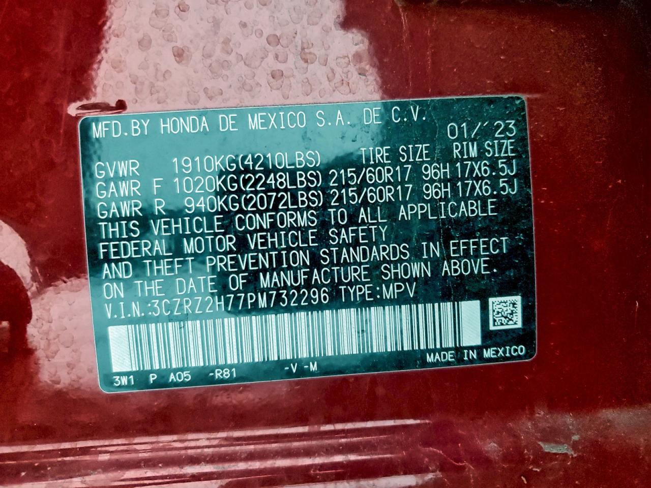 2023 Honda Hr-V Exl VIN: 3CZRZ2H77PM732296 Lot: 94591925
