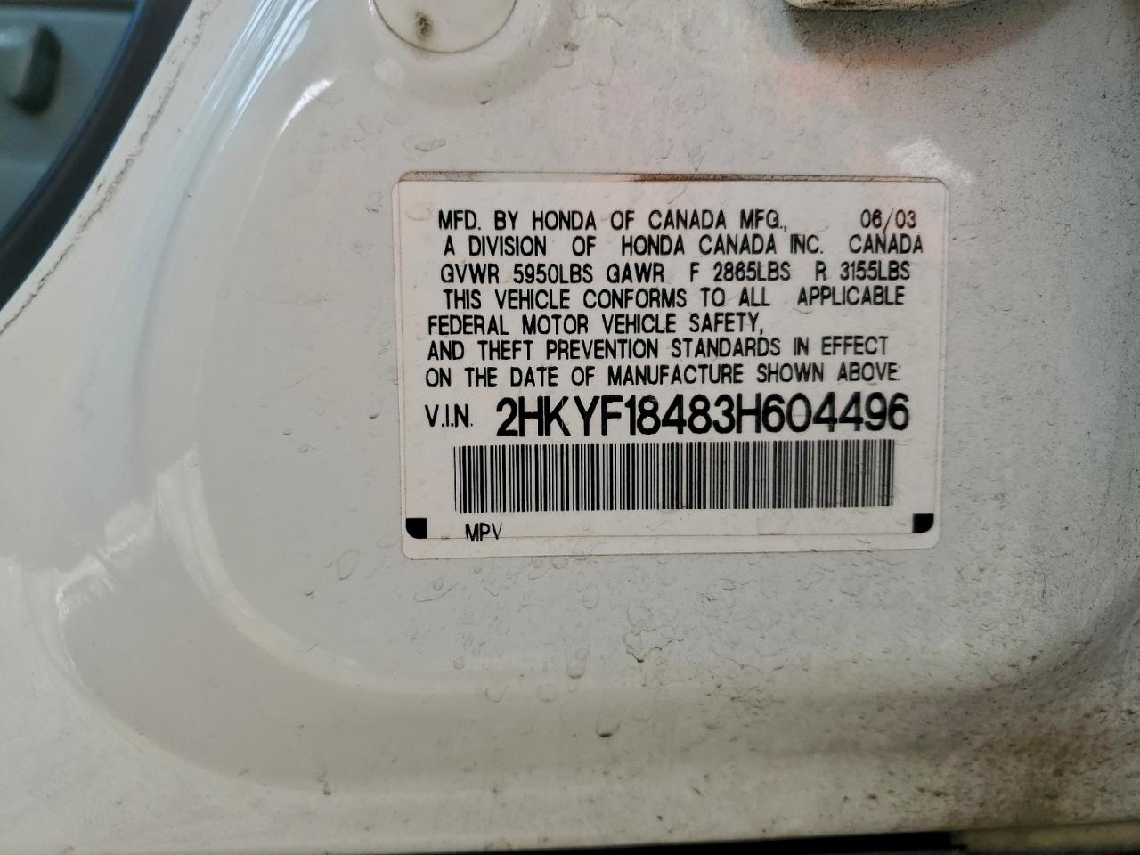 2003 Honda Pilot Ex VIN: 2HKYF18483H604496 Lot: 95153675