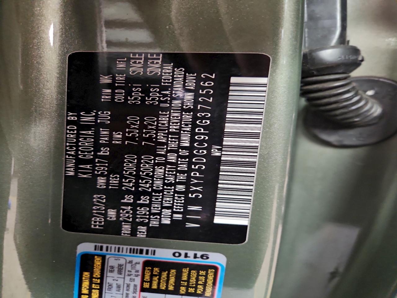 2023 Kia Telluride Sx VIN: 5XYP5DGC9PG372562 Lot: 95630535