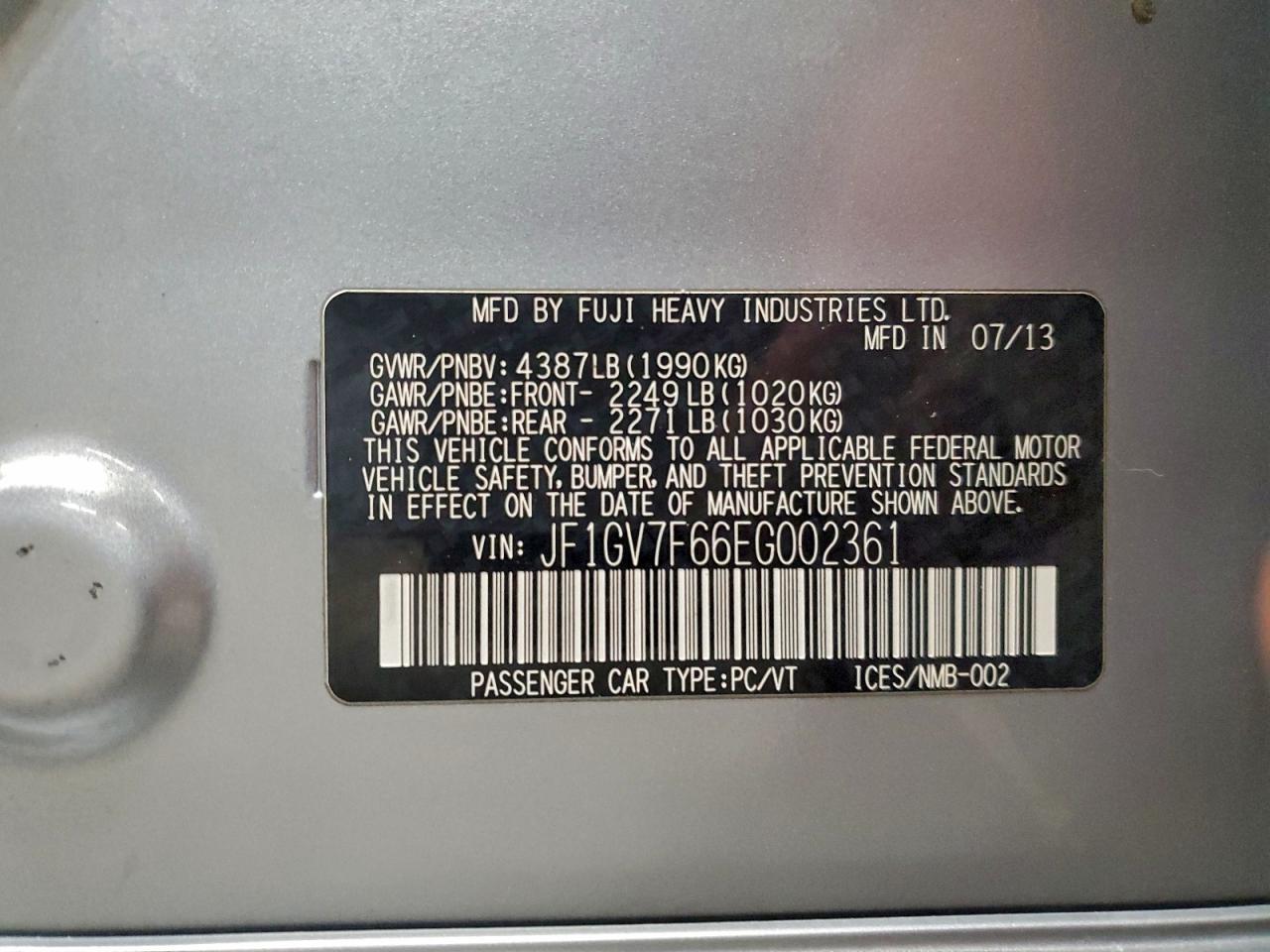 2014 Subaru Impreza Wrx VIN: JF1GV7F66EG002361 Lot: 97243505