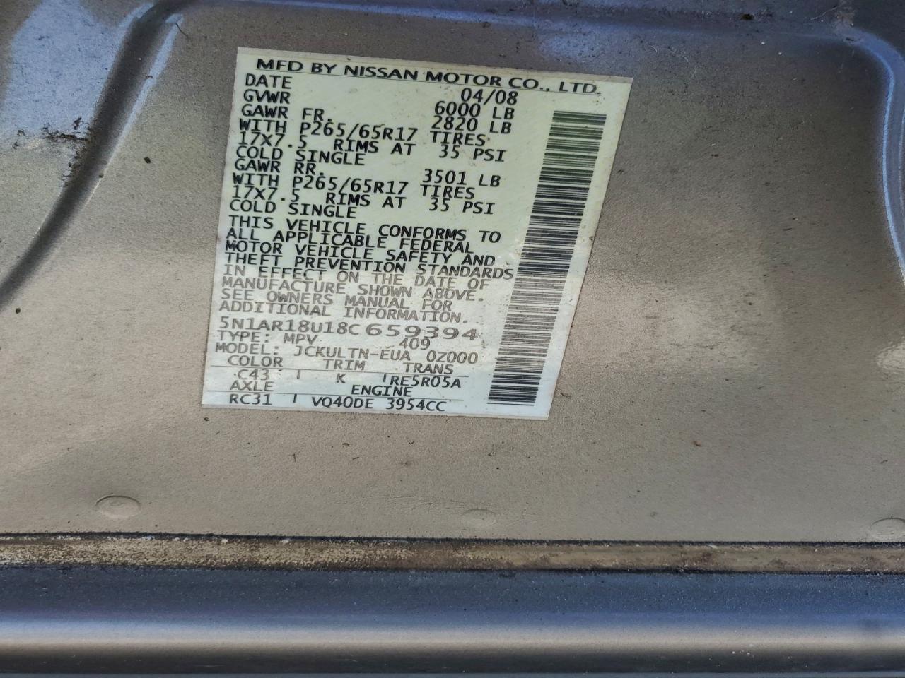 2008 Nissan Pathfinder S VIN: 5N1AR18U18C659394 Lot: 94574755