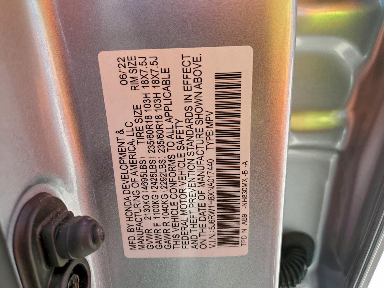 2022 Honda Cr-V Exl VIN: 5J6RW1H8XNA017440 Lot: 94662585