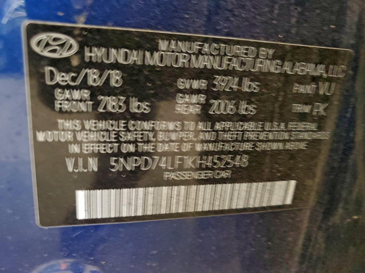 2019 Hyundai Elantra Se VIN: 5NPD74LF1KH452548 Lot: 94377335