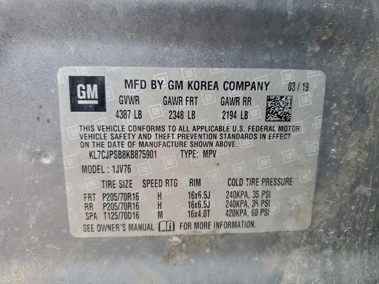 2019 Chevrolet Trax 1Lt VIN: KL7CJPSB8KB875901 Lot: 95005515