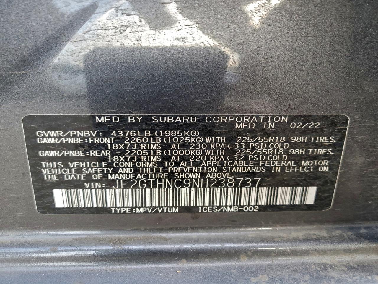 2022 Subaru Crosstrek Limited VIN: JF2GTHNC9NH238737 Lot: 95838605