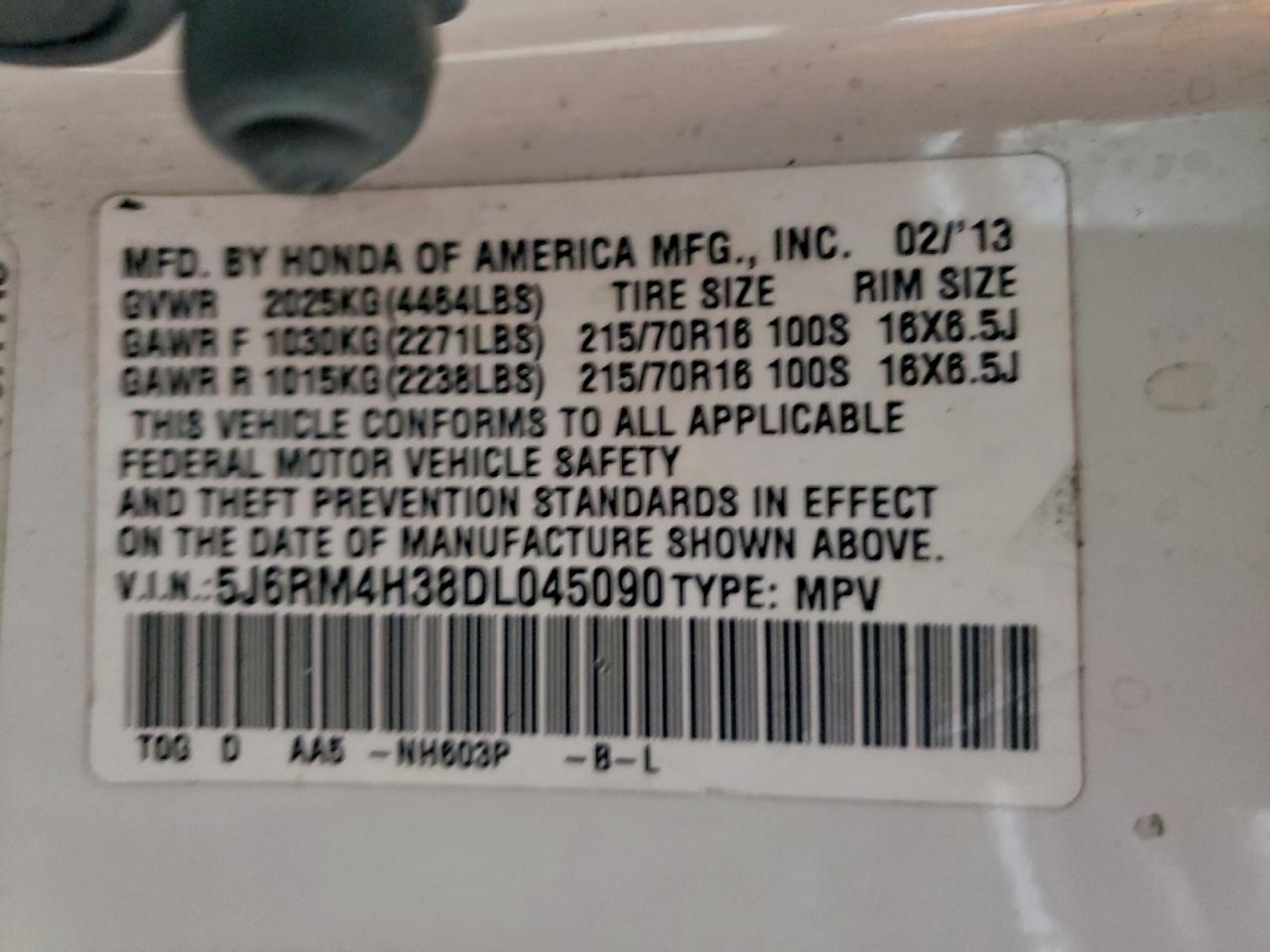 2013 Honda Cr-V Lx VIN: 5J6RM4H38DL045090 Lot: 95501795