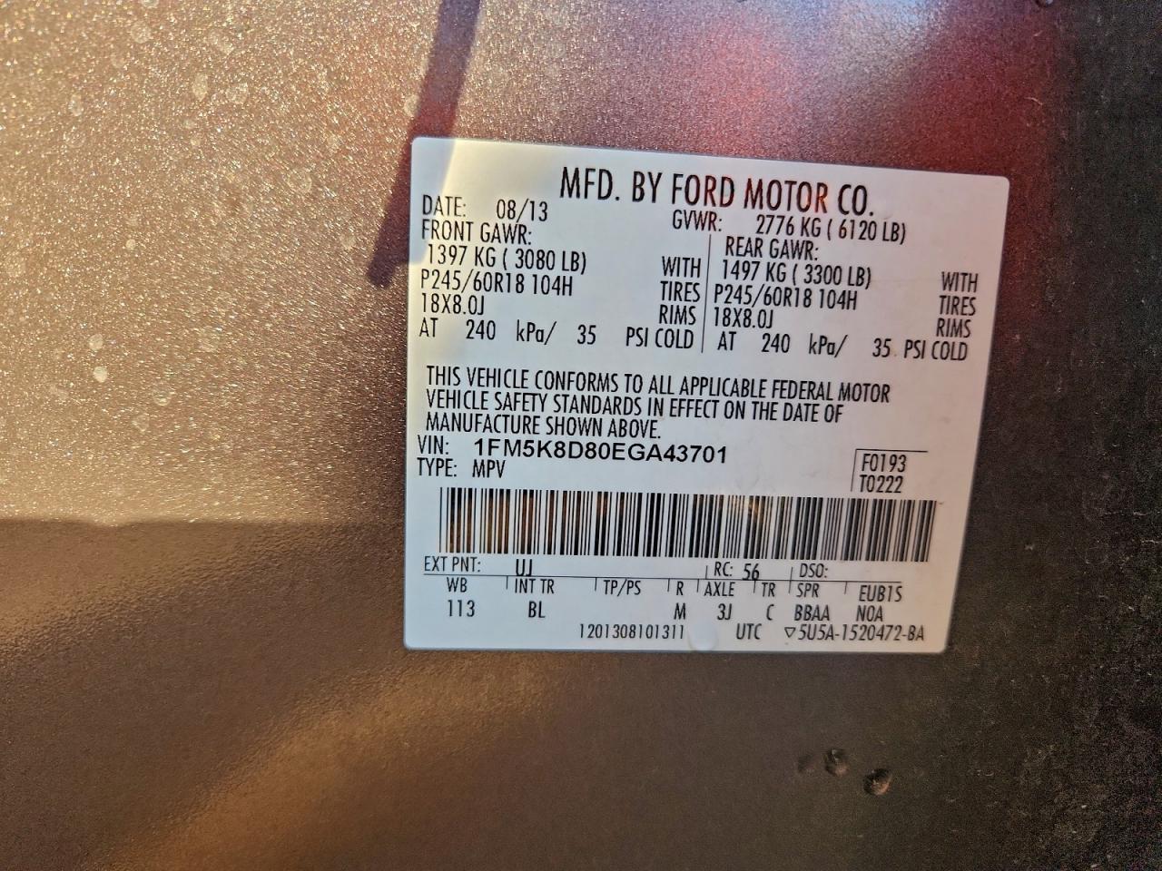 2014 Ford Explorer Xlt VIN: 1FM5K8D80EGA43701 Lot: 95000285