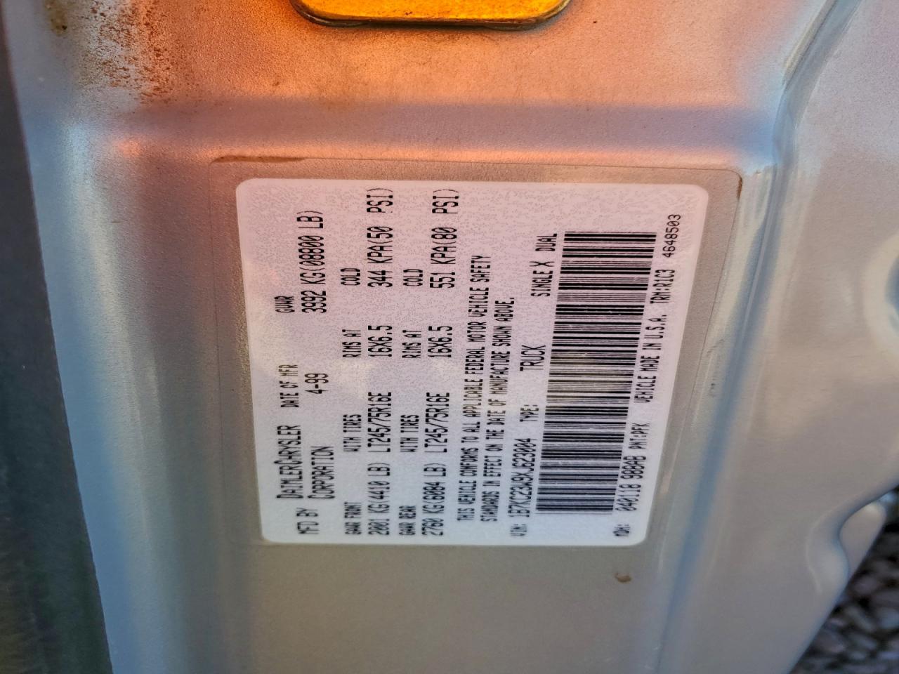 1999 Dodge Ram 2500 VIN: 1B7KC23W9XJ623004 Lot: 94874655