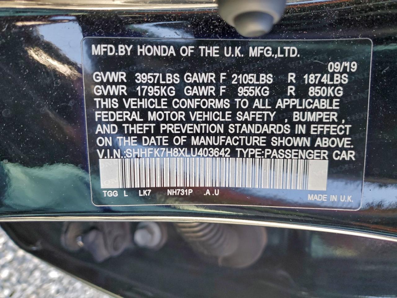 2020 Honda Civic Exl VIN: SHHFK7H8XLU403642 Lot: 93962555