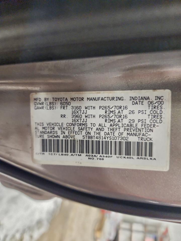 2000 Toyota Tundra Access Cab Limited VIN: 5TBBT4814YS107302 Lot: 95551895