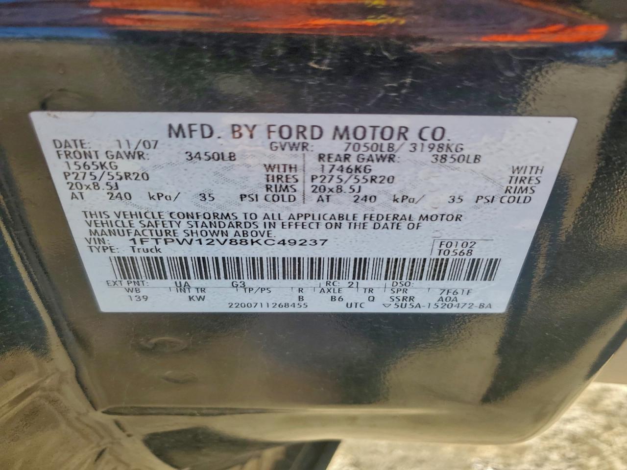 2008 Ford F150 Supercrew VIN: 1FTPW12V88KC49237 Lot: 94979475