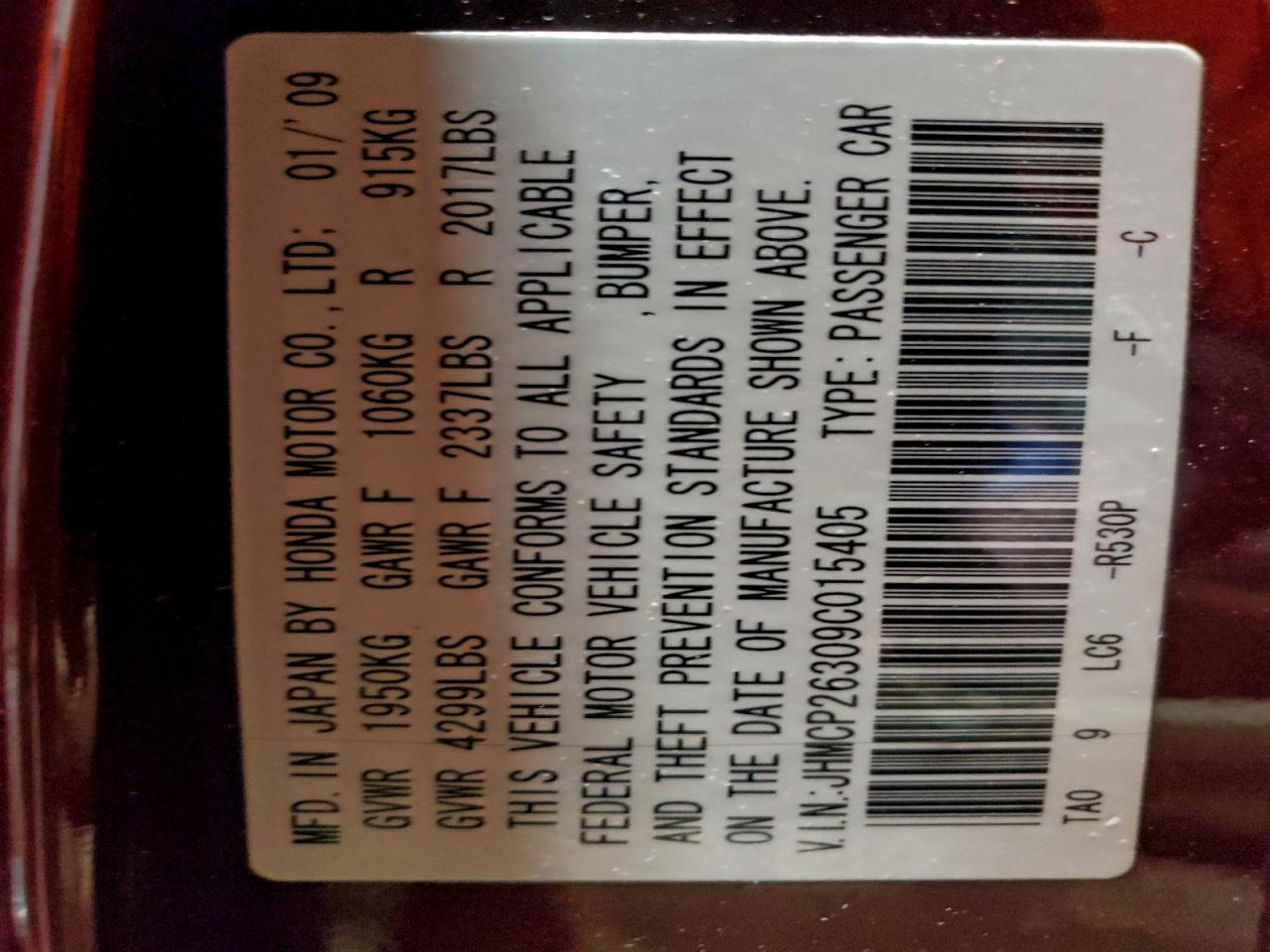 2009 Honda Accord Lx VIN: JHMCP26309C015405 Lot: 96328955