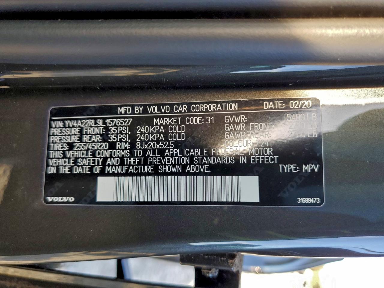 2020 Volvo Xc60 T6 Inscription VIN: YV4A22RL9L1576527 Lot: 94459275