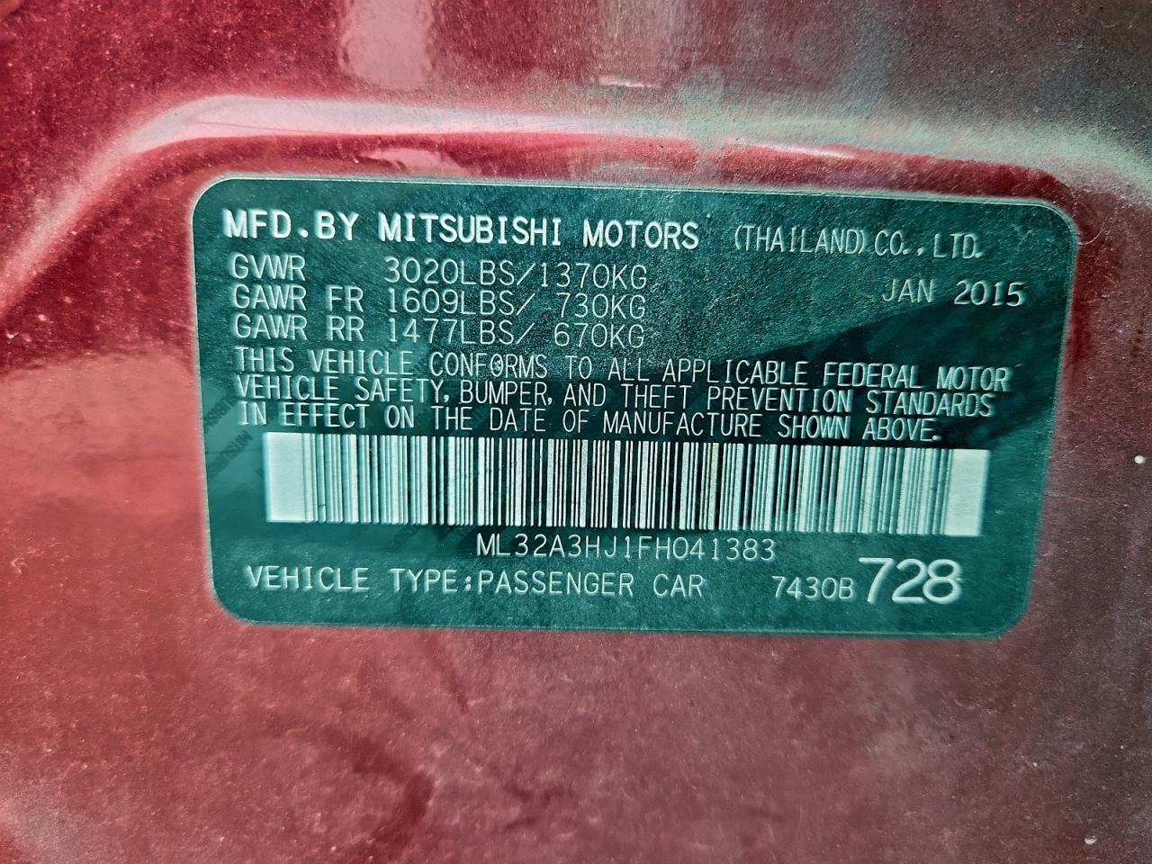 2015 Mitsubishi Mirage De VIN: ML32A3HJ1FH041383 Lot: 94932615