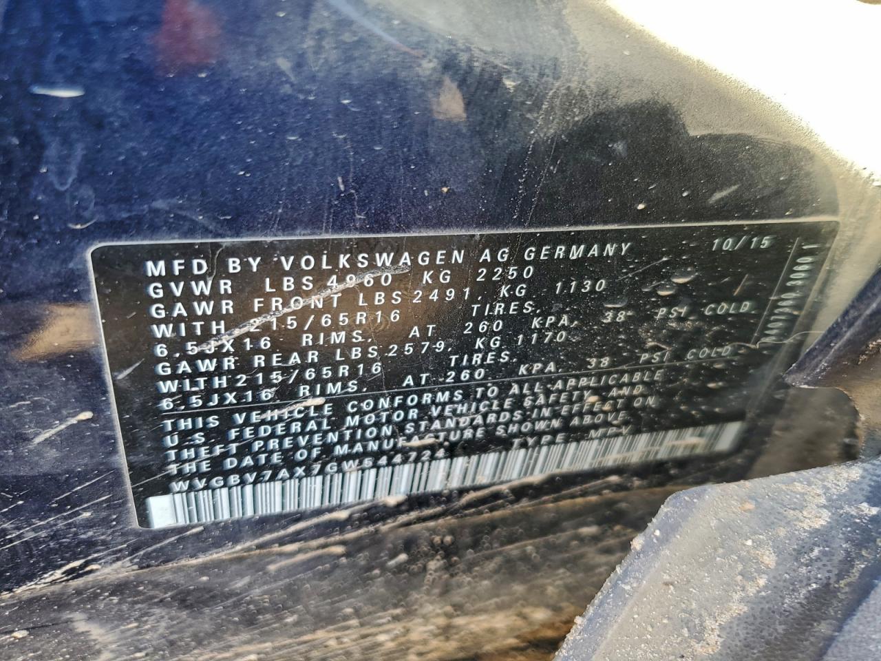 2016 Volkswagen Tiguan S VIN: WVGBV7AX7GW544724 Lot: 96378235