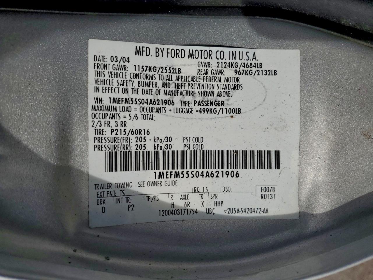 2004 Mercury Sable Ls Premium VIN: 1MEFM55S04A621906 Lot: 95795085