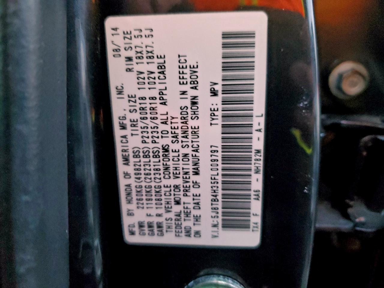 2015 Acura Rdx VIN: 5J8TB4H35FL009797 Lot: 94792255