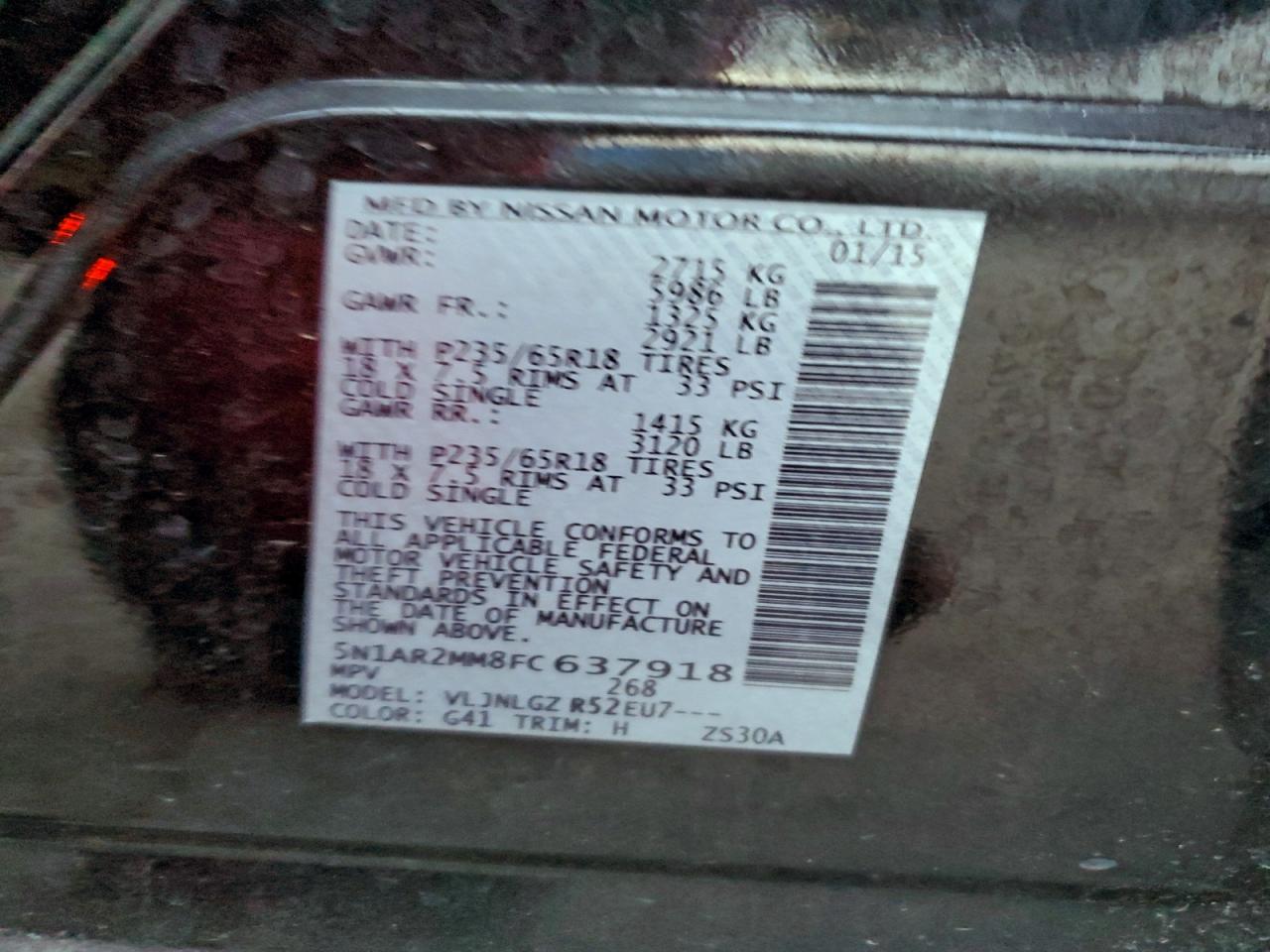 2015 Nissan Pathfinder S VIN: 5N1AR2MM8FC637918 Lot: 94457495