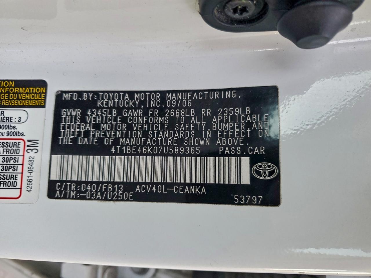 2007 Toyota Camry Ce VIN: 4T1BE46K07U589365 Lot: 95473415