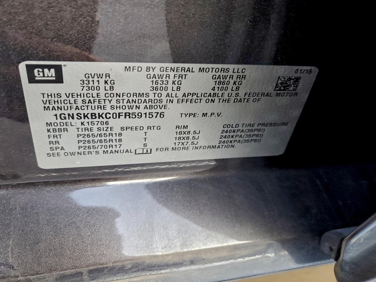 2015 Chevrolet Tahoe K1500 Lt VIN: 1GNSKBKC0FR591576 Lot: 95778565