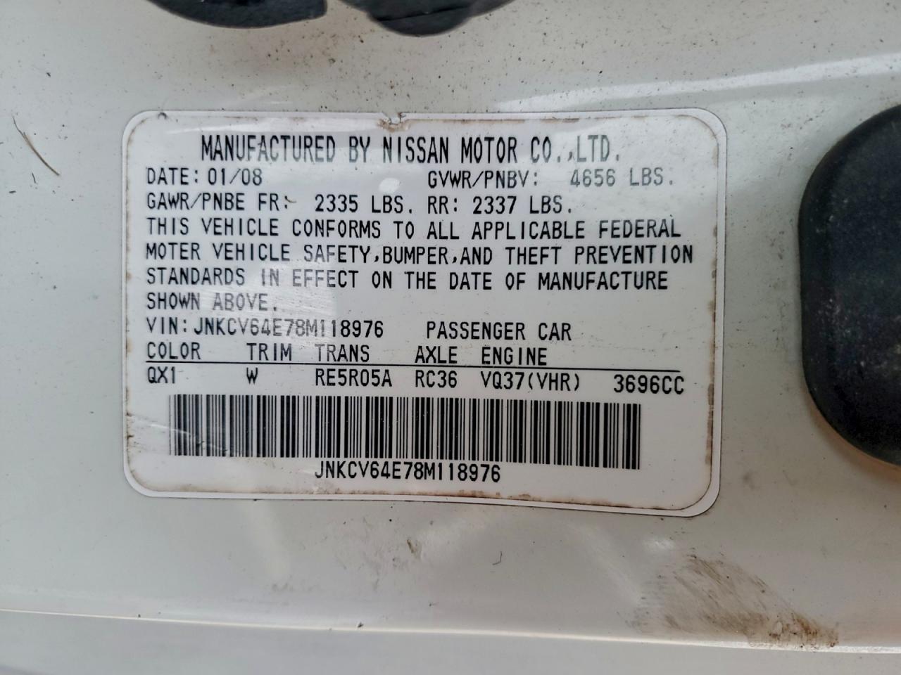 2008 Infiniti G37 Base VIN: JNKCV64E78M118976 Lot: 95266035