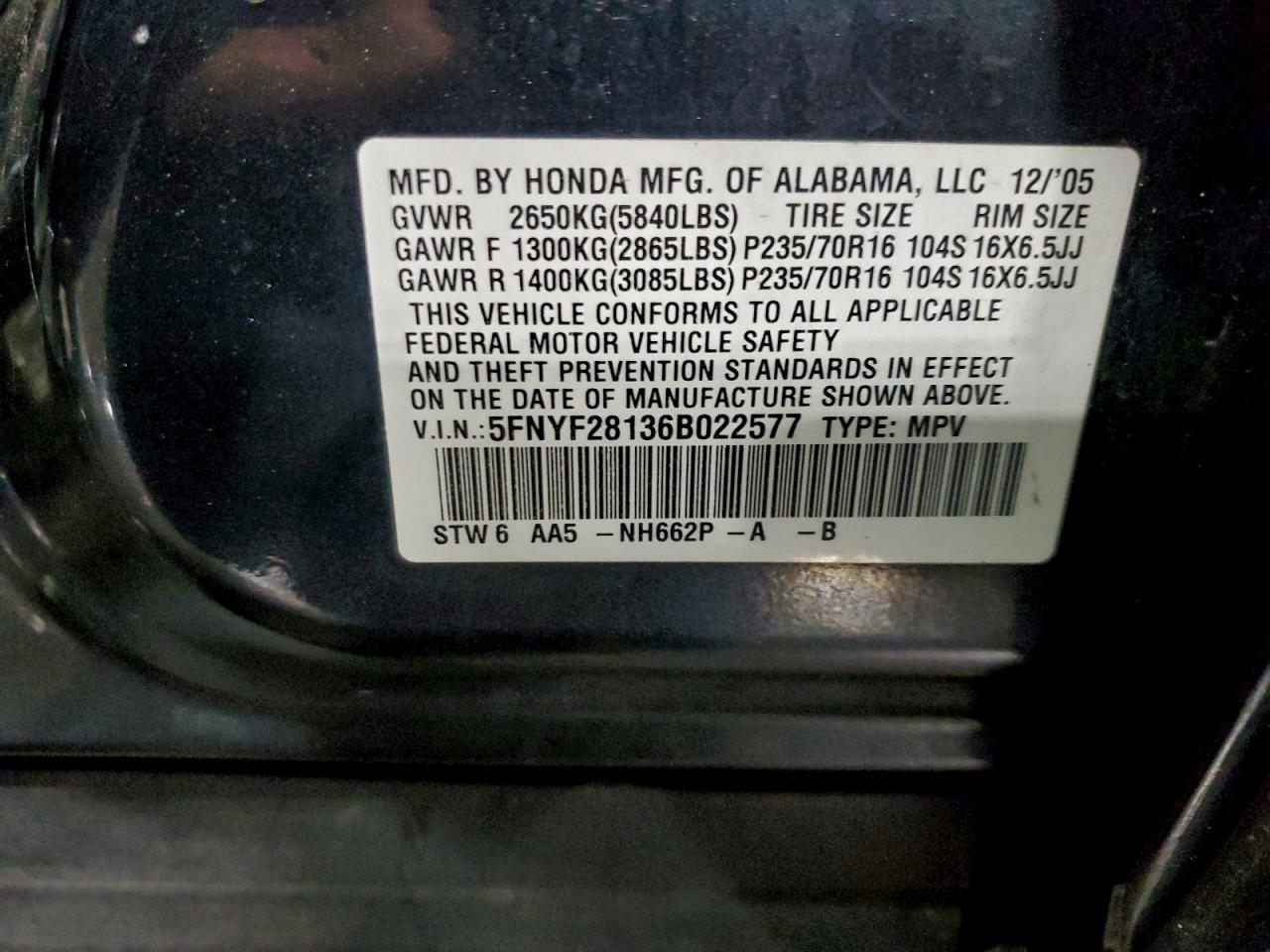 2006 Honda Pilot Lx VIN: 5FNYF28136B022577 Lot: 95887085