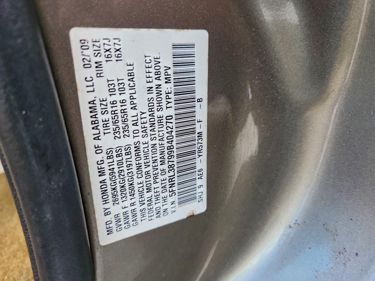 2009 Honda Odyssey Exl VIN: 5FNRL38799B404270 Lot: 96092475