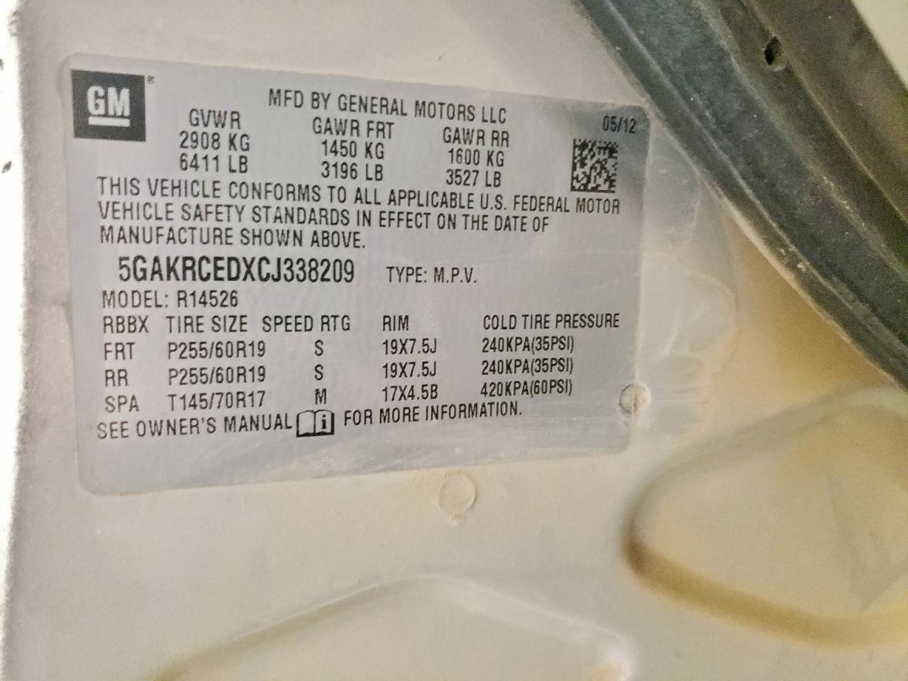 2012 Buick Enclave VIN: 5GAKRCEDXCJ338209 Lot: 95249985