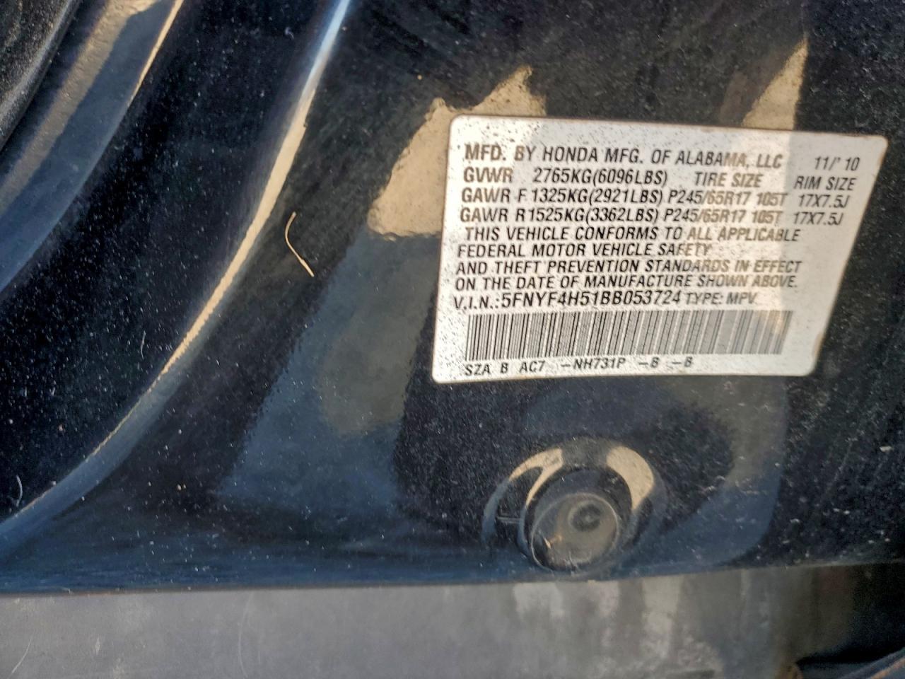 2011 Honda Pilot Exl VIN: 5FNYF4H51BB053724 Lot: 97705745