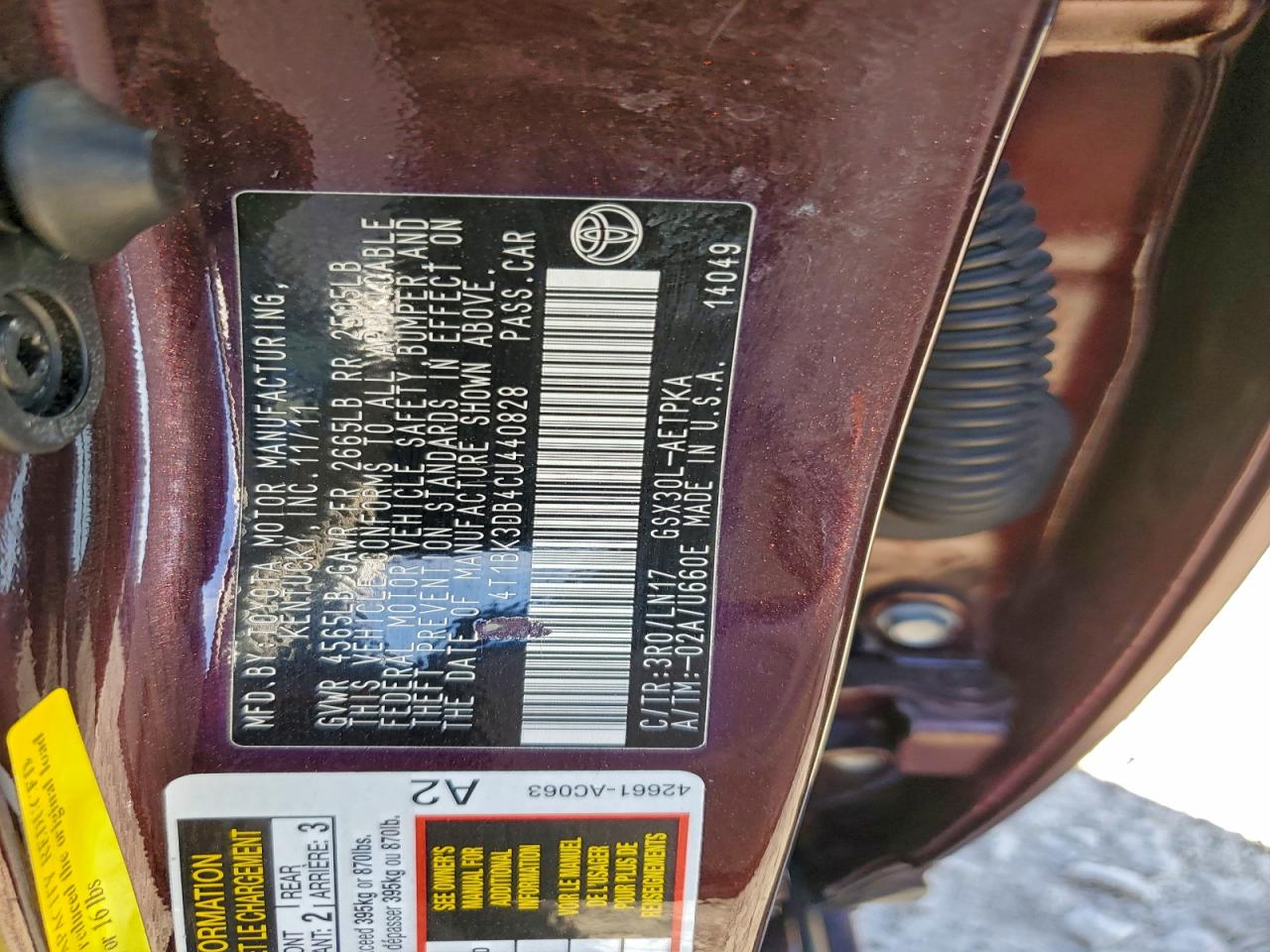 2012 Toyota Avalon Base VIN: 4T1BK3DB4CU440828 Lot: 97182795