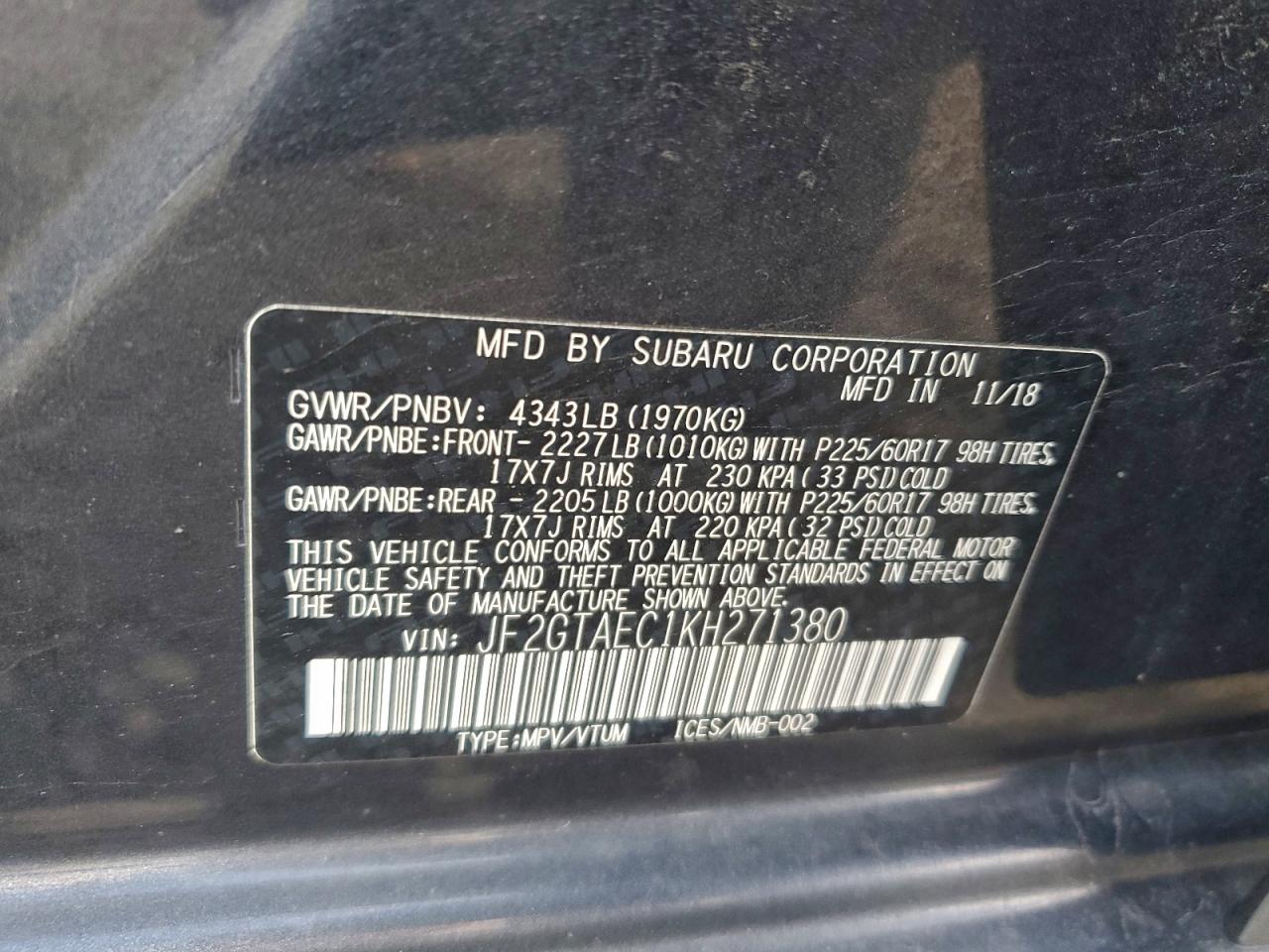 2019 Subaru Crosstrek Premium VIN: JF2GTAEC1KH271380 Lot: 95445185