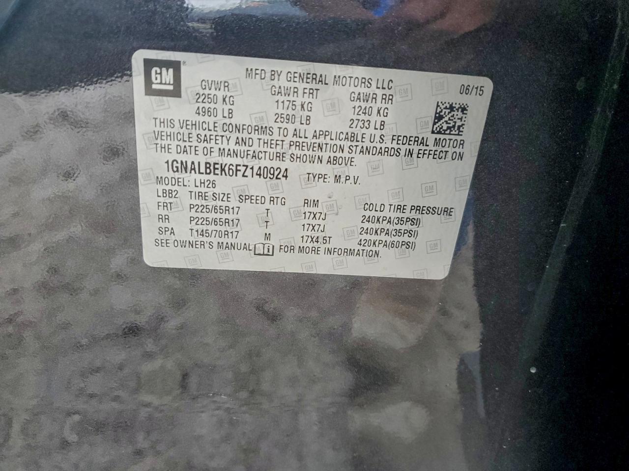 2015 Chevrolet Equinox Lt VIN: 1GNALBEK6FZ140924 Lot: 94729925