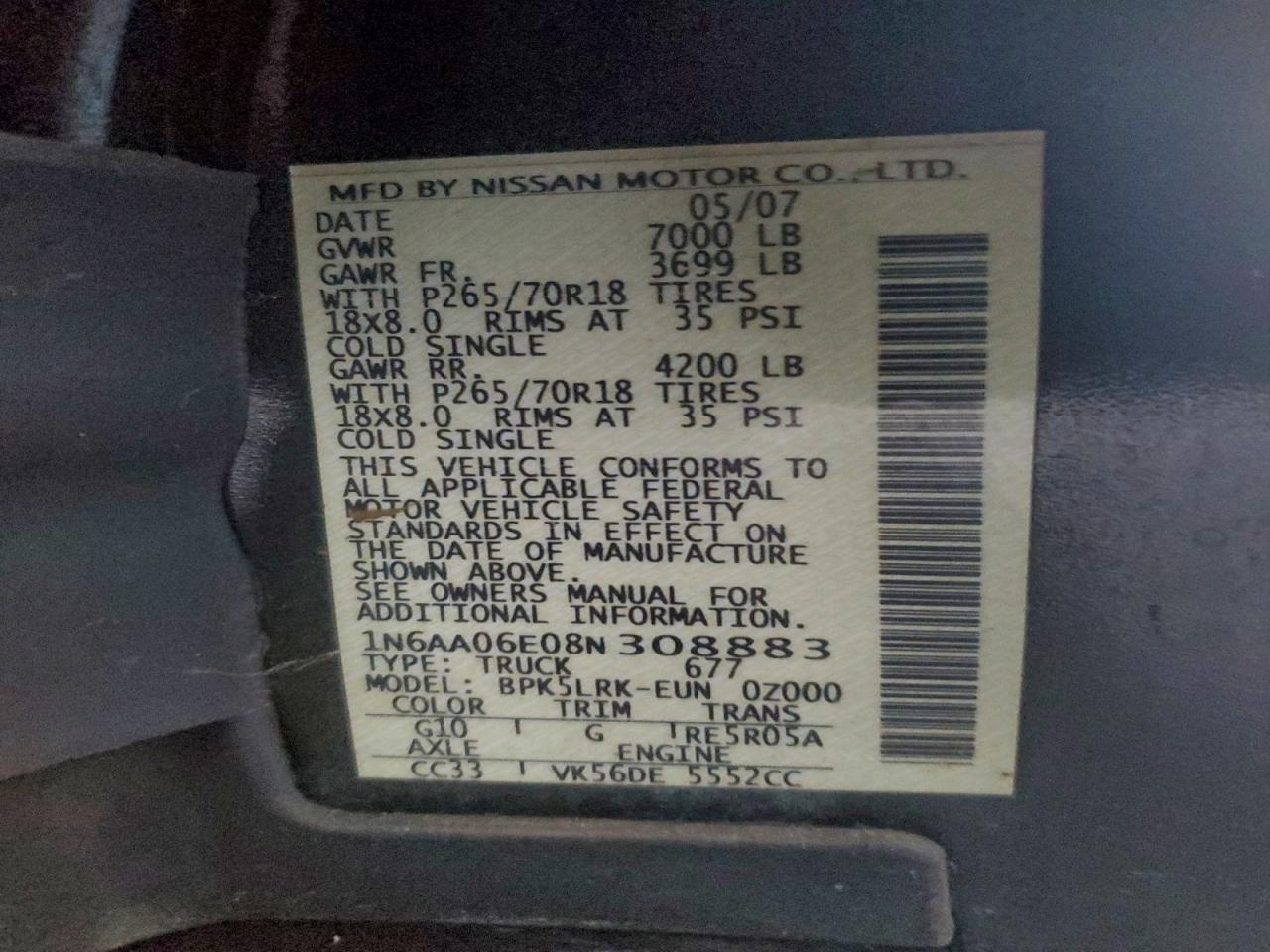 2008 Nissan Titan Xe VIN: 1N6AA06E08N308883 Lot: 96605215