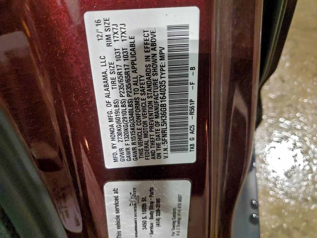 2016 Honda Odyssey Se VIN: 5FNRL5H36GB164035 Lot: 95284485