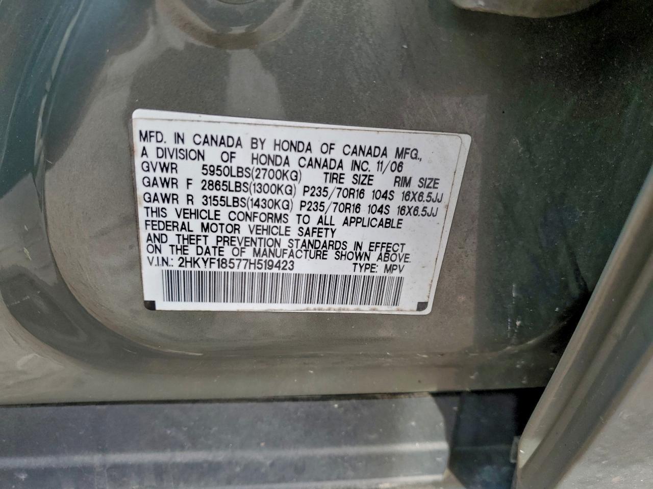 2007 Honda Pilot Exl VIN: 2HKYF18577H519423 Lot: 94721895