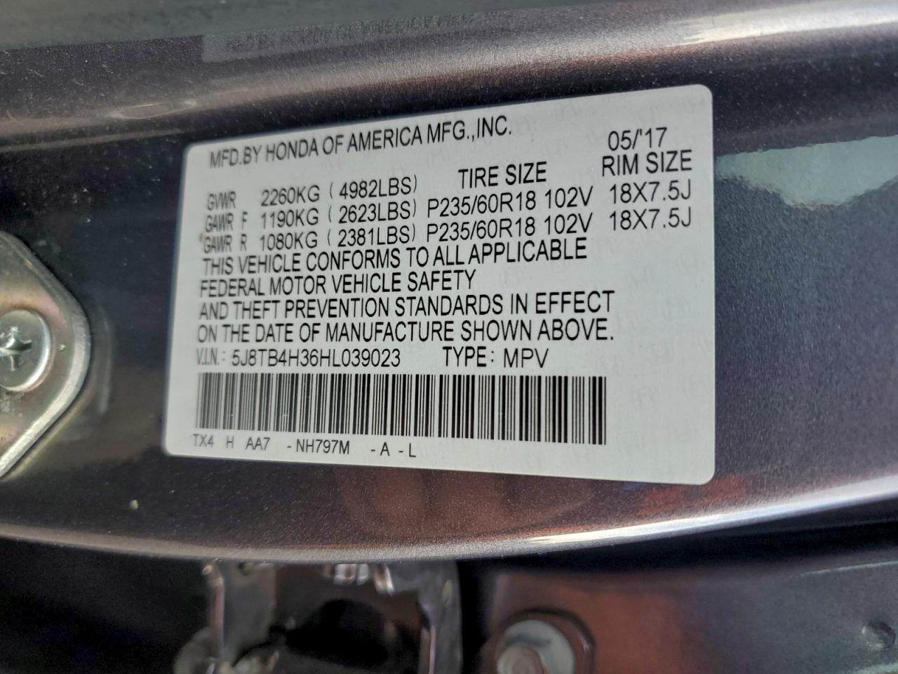 2017 Acura Rdx VIN: 5J8TB4H36HL039023 Lot: 93466985