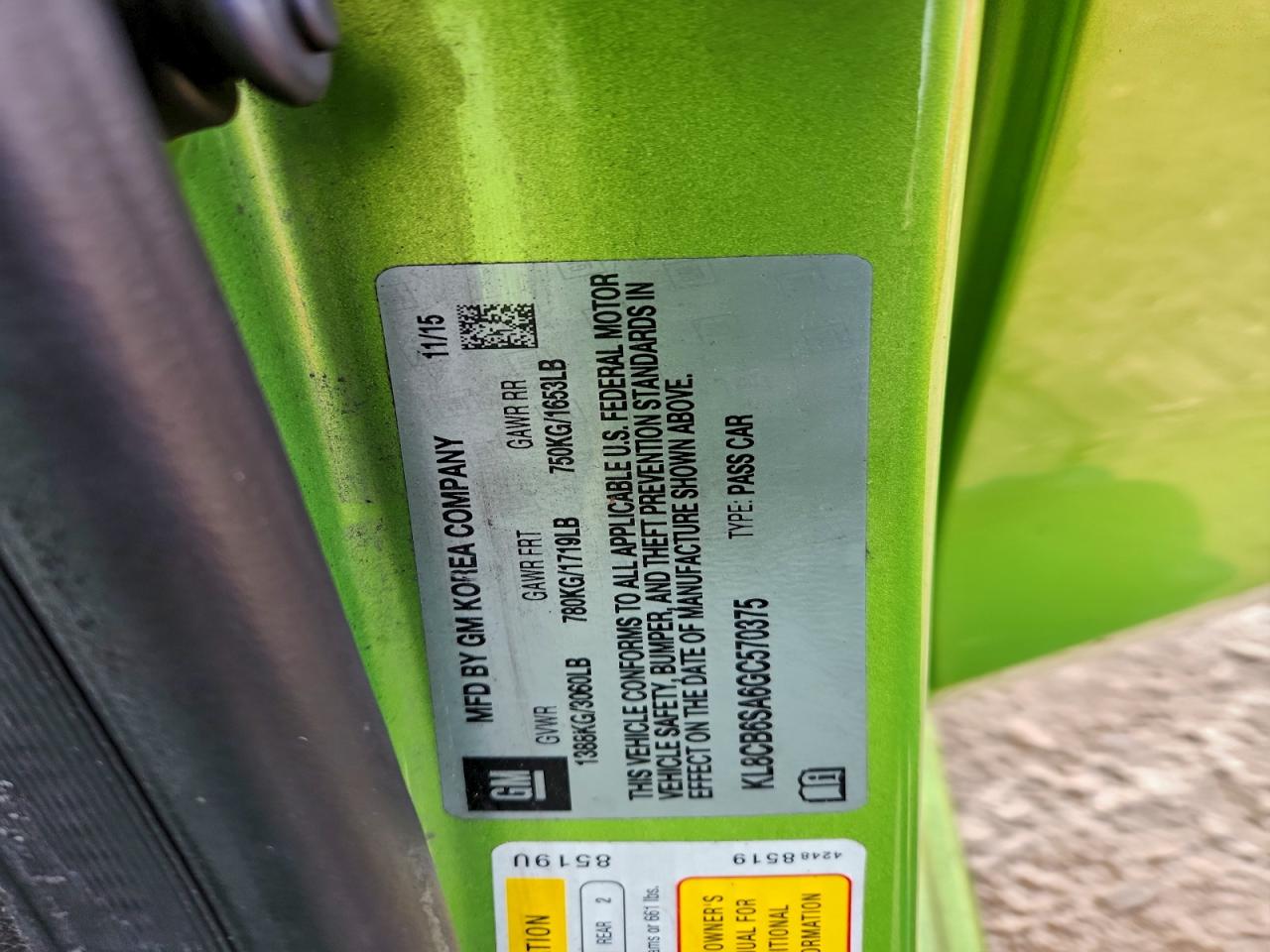 2016 Chevrolet Spark Ls VIN: KL8CB6SA6GC570375 Lot: 95028995