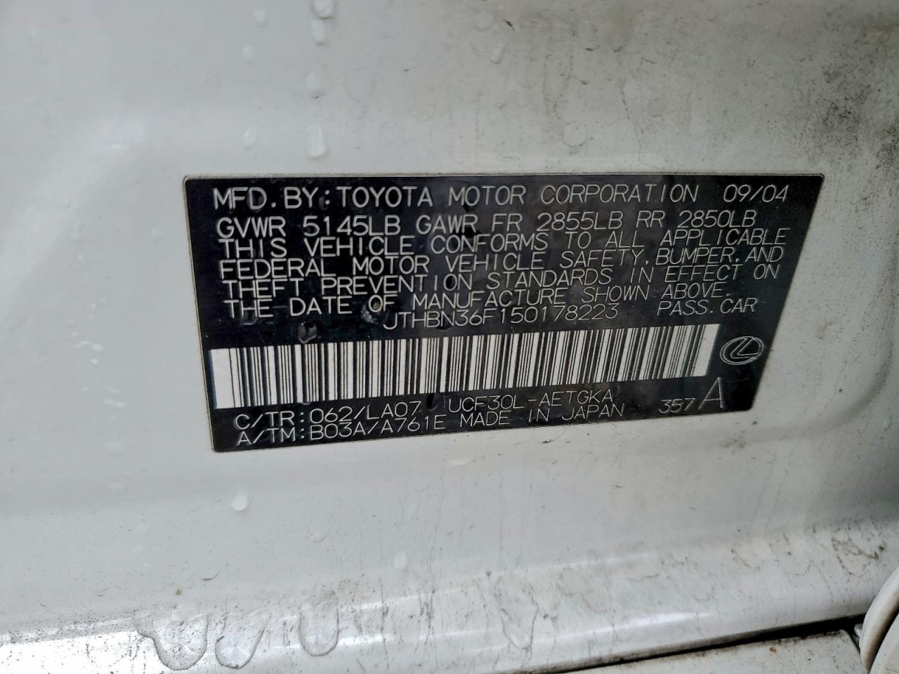 2005 Lexus Ls 430 VIN: JTHBN36F150178223 Lot: 95462395