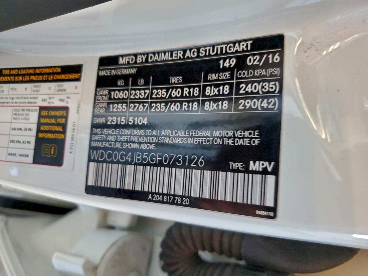 2016 Mercedes-Benz Glc 300 VIN: WDC0G4JB5GF073126 Lot: 95495105