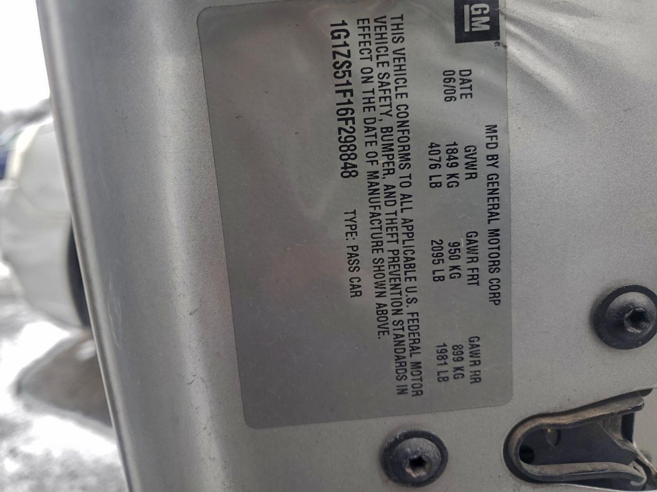 2006 Chevrolet Malibu Ls VIN: 1G1ZS51F16F298848 Lot: 96124525