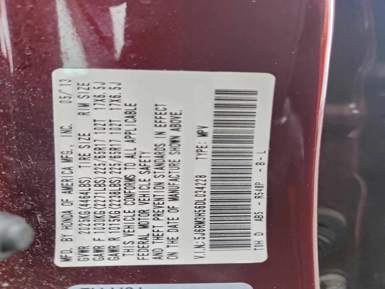 2013 Honda Cr-V Ex VIN: 5J6RM3H56DL034228 Lot: 95668655