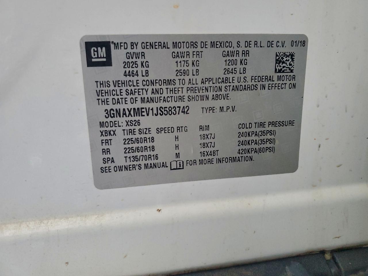 2018 Chevrolet Equinox Premier VIN: 3GNAXMEV1JS583742 Lot: 94978065