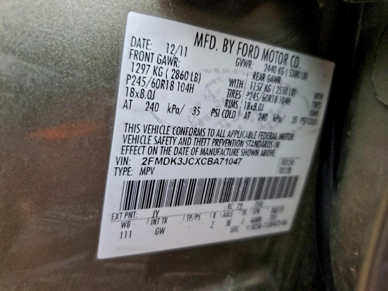 2012 Ford Edge Sel VIN: 2FMDK3JCXCBA71047 Lot: 95892365