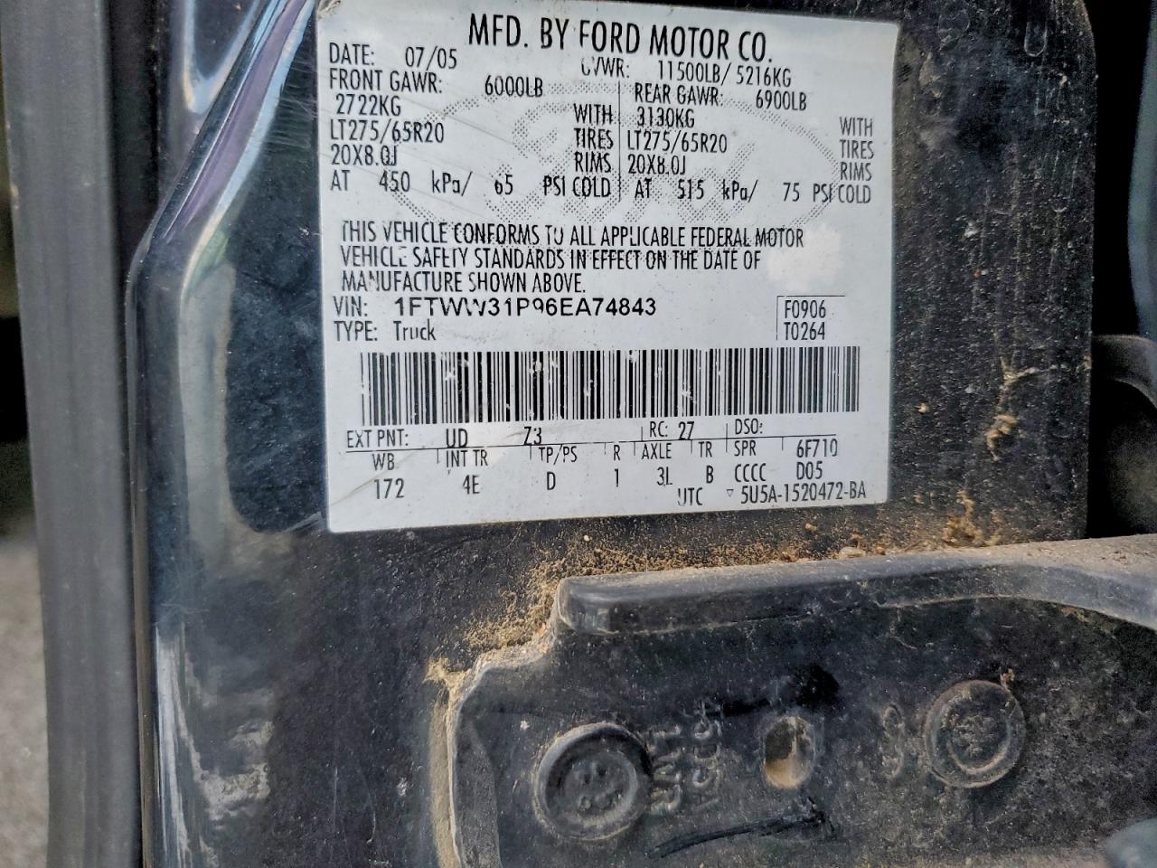 2006 Ford F350 Srw Super Duty VIN: 1FTWW31P96EA74843 Lot: 96368795