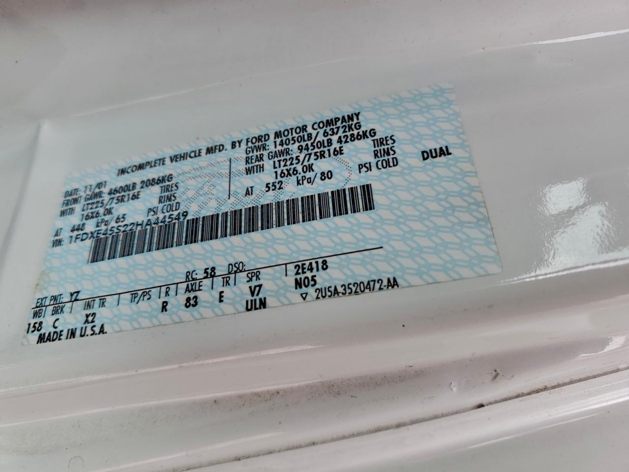 2002 Ford Econoline E450 Super Duty Cutaway Van VIN: 1FDXE45S22HA44549 Lot: 95245365